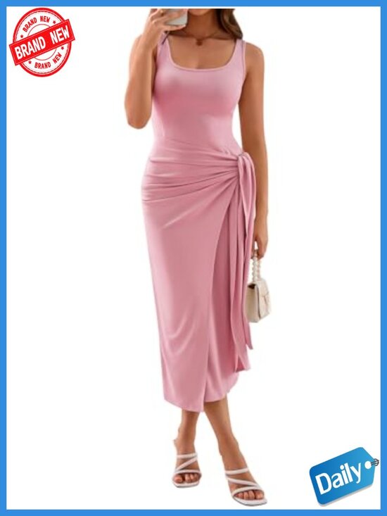 Dresses & Skirts - Women's Bodycon Midi Tank Dress Square Neck Side Tie Ruched Waist Stretchy